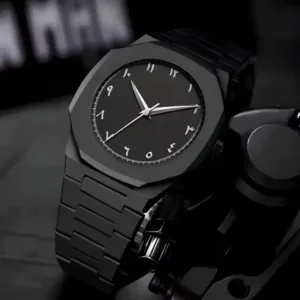 Black Minimalist Analog Wrist Aura Watch With Stainless Steel Strap And Butterfly Lock
