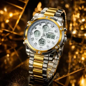 SKMEI 1389 Men’s Digital Analog Business Watch – Two-Tone Gold & Silver Stainless Steel- Without box