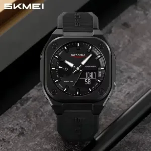 SKMEI Men's World Timer Watch – Premium Analog-Digital Sports-Black Color