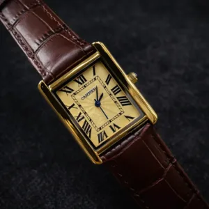 Cartier Style Rectangular Analog Watch for Men – Brown Leather Strap